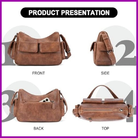 Vegan Leather Shoulder Bag, Multi-Pocket Crossbody, 11.2x7.8x3.7 - Picture 7 of 7